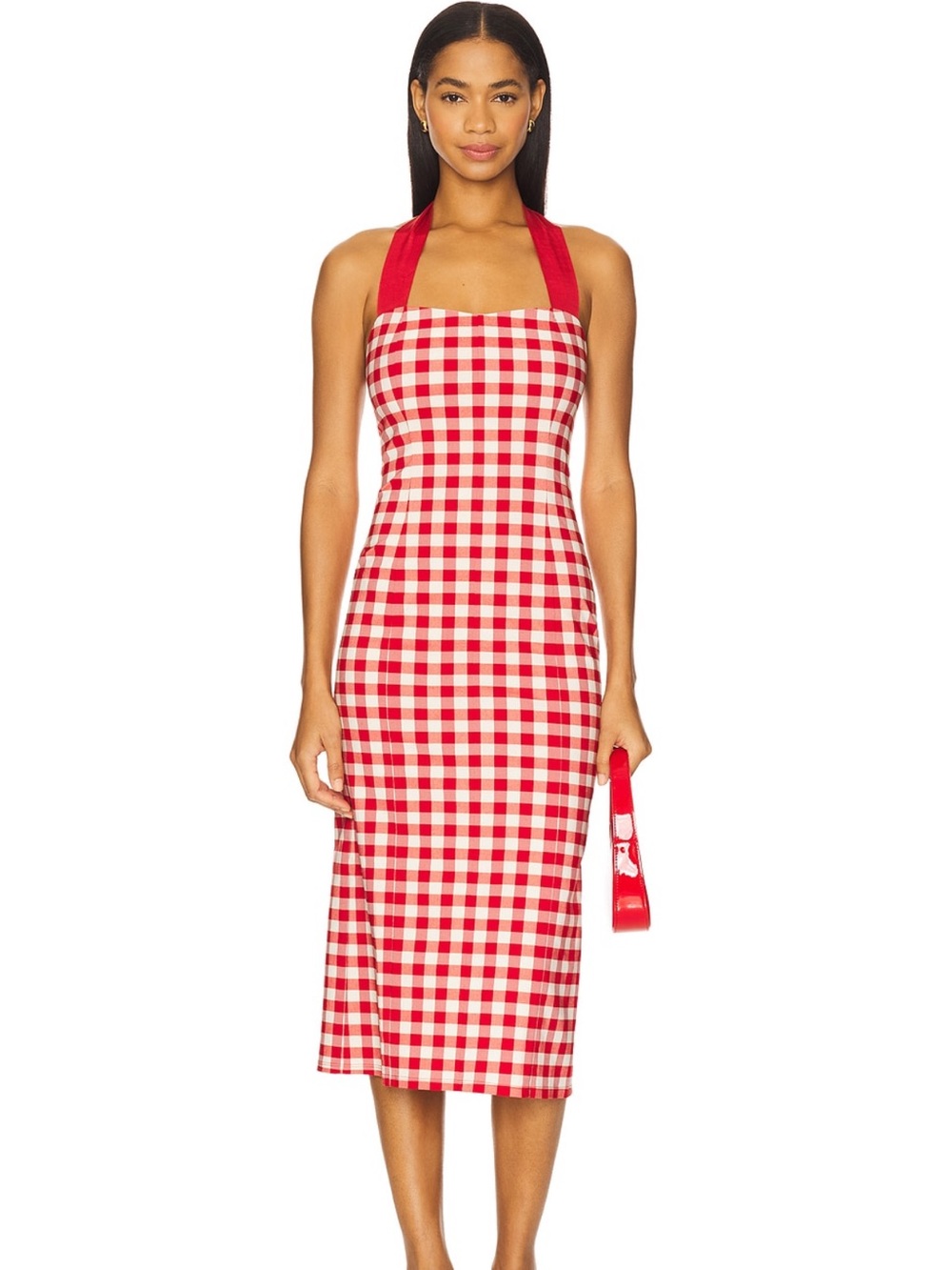 LPA Red and White Gingham Halter Midi Dress